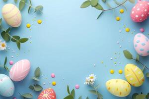 Cute Easter mockup. Plain bright table with Easter decor. photo