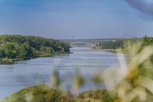 distante río puente enmarcado por follaje foto