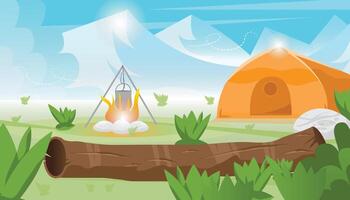 Beautiful nature landscape with green grass, tree log, green field and ice mountain with camp or tent on the field, illustration. vector