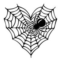 A heart-shaped web with a spider black and white illustration vector