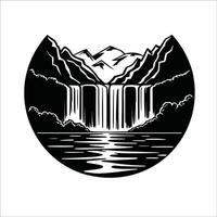 illustration waterfall cascading into a serene lake black color vector