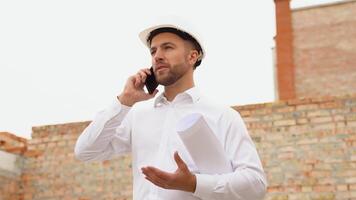 Civil engineer in a white helmet with documents in his hands talking on the phone on the background of construction. Natural light video