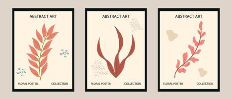 Set of modern abstract illustrations with organic shapes and leaves. Minimalist fashionable art designs suitable for banners, covers, modern wall decor. vector