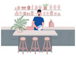 hombre Cocinando en cocina plano estilo ilustración vector