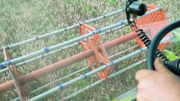 Male hands farmer driver on steering wheel combine harvest on agricultural field. View from inside tractor driver turns steering wheel agricultural machine video