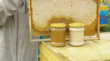 Close up of beekeeper with a honeycomb frame and jars with honey. Beekeeping concept. Beekeeper harvesting honey video