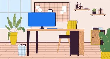 Office workplace with computer cartoon flat illustration. Pc on desk of corporate employee 2D line interior colorful background. Cozy workspace organization scene storytelling image vector