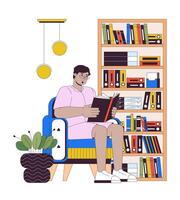 obeso árabe hombre leyendo libro a hogar línea dibujos animados plano ilustración. más tamaño medio oriental masculino en biblioteca 2d arte lineal personaje aislado en blanco antecedentes. cuerpo positivo escena color imagen vector