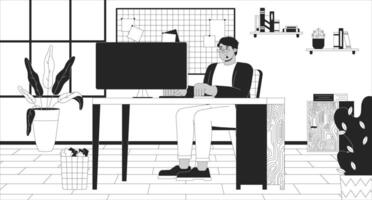 Arab man with obesity working in office black and white line illustration. Plus sized middle eastern male at computer 2D character monochrome background. Workplace outline scene image vector