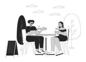Diverse couple of plus sized people in cafe black and white cartoon flat illustration. Friends with overweight outing 2D lineart characters isolated. Lifestyle monochrome scene outline image vector
