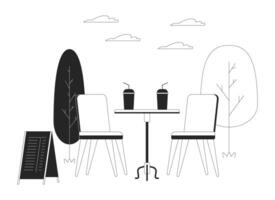 Outdoor cafe comfort black and white cartoon flat illustration. Table with drinks and chairs at open-air seating area 2D lineart items isolated. Summer restaurant monochrome scene outline image vector