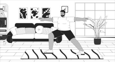 africano americano corpulento hombre practicando yoga negro y blanco línea ilustración. rechoncho negro masculino hacer ejercicio a hogar 2d personaje monocromo antecedentes. activo estilo de vida contorno escena imagen vector