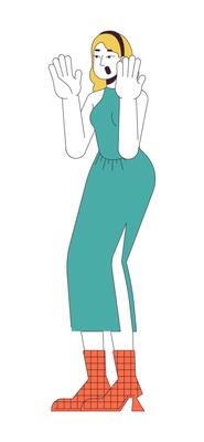 Amazed caucasian woman 2D linear cartoon character. Young european female emotional expression isolated line person white background. Shock performance color flat spot illustration