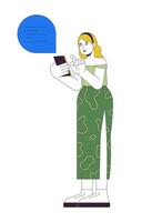 Plus sized caucasian woman using mobile phone 2D linear cartoon character. Curvy female sending message in chat isolated line person white background. Body positive color flat spot illustration vector