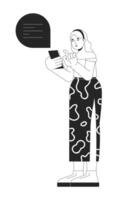 Plus sized woman using mobile phone black and white 2D line cartoon character. Curvy female sending message in chat isolated outline person. Body positive monochromatic flat spot illustration vector