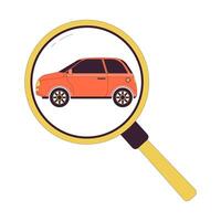 Looking at car through magnifying glass 2D linear cartoon object. Seeking auto. Safety control service isolated line element white background. Checking up vehicle color flat spot illustration vector