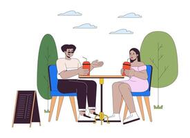 diverso Pareja de más tamaño personas en café línea dibujos animados plano ilustración. amigos con exceso de peso excursión 2d arte lineal caracteres aislado en blanco antecedentes. estilo de vida escena color imagen vector