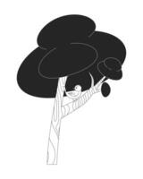 árbol con pequeño pájaro en rama negro y blanco 2d línea dibujos animados objeto. primavera bosque planta y volador animal solado contorno artículo. naturaleza belleza escena monocromo plano Mancha ilustración vector