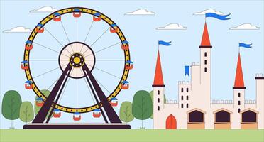 Amusement park attractions cartoon flat illustration. Ferris wheel and fairy tale castle 2D line landscape colorful background. Theme park for children and adults scene storytelling image vector