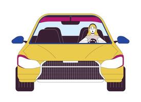 Shocked woman driving car 2D linear cartoon character. Caucasian female dealing with road accident isolated line person white background. Dangerous situation color flat spot illustration vector