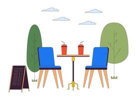 Outdoor cafe comfort line cartoon flat illustration. Table with drinks and chairs at open-air seating area 2D lineart items isolated on white background. Summer restaurant scene color image vector