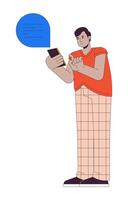 Hindu man with overweight holding smartphone 2D linear cartoon character. Plus sized indian male texting isolated line person white background. Body positive color flat spot illustration vector