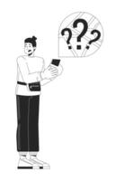 Disappointed man getting lost black and white 2D line cartoon character. Tourist trying to find location with smartphone isolated outline person. Danger monochromatic flat spot illustration vector