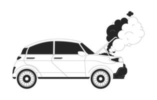 Smoke rising up from broken car black and white 2D line cartoon object. Auto with fume coming from hood isolated outline item. Vehicle at road accident monochromatic flat spot illustration vector
