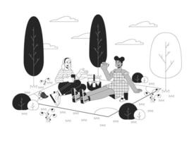 Plus sized multiracial women on picnic black and white cartoon flat illustration. Happy female friends enjoying food outdoors lineart characters isolated. Leisure monochrome scene outline image vector