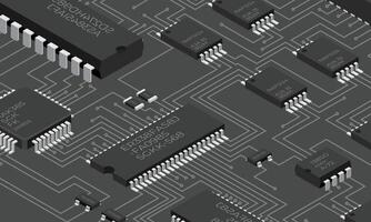 Isometric electronic board. Isometric printed circuit board with electronic components. Electronic components and integrated circuit board vector