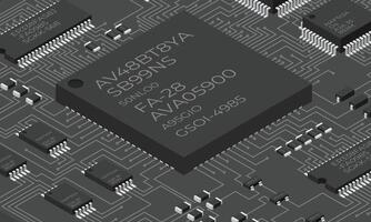 Isometric electronic board. Isometric printed circuit board with electronic components. Electronic components and integrated circuit board vector