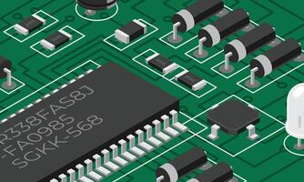 Isometric electronic board. Isometric printed circuit board with electronic components. Electronic components and integrated circuit board vector