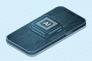 Isometric smartphone with AI. Artificial intelligence and smartphone concept. Smartphone with futuristic artificial intelligence processor vector