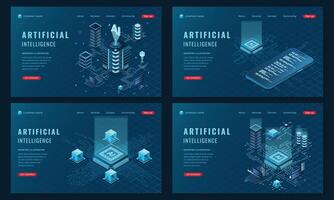 Set of isometric landing page template. Modern technology concept for artificial intelligence. Cloud computing server. Machine learning technology vector