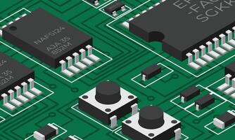 Isometric electronic board. Isometric printed circuit board with electronic components. Electronic components and integrated circuit board vector