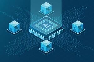 Isometric artificial intelligence chip concept. Artificial intelligence concept. Futuristic microchip processor. illustration vector