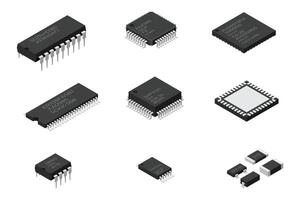 conjunto de pastilla computadora electrónico componentes pastilla icono. computadora procesador tecnología. micro procesador. colección de microchips vector