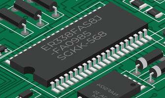 Isometric electronic board. Isometric printed circuit board with electronic components. Electronic components and integrated circuit board vector