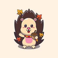 Cute hedgehog with acorns at autumn season. Mascot cartoon illustration suitable for poster, brochure, web, mascot, sticker, logo and icon. vector