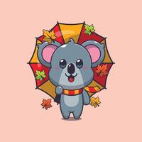 Cute koala with umbrella at autumn season. Mascot cartoon illustration suitable for poster, brochure, web, mascot, sticker, logo and icon. vector