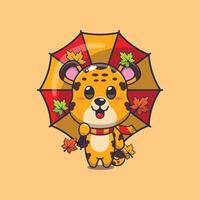 linda leopardo con paraguas a otoño estación. mascota dibujos animados ilustración adecuado para póster, folleto, web, mascota, pegatina, logo y icono. vector