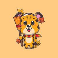 Cute autumn leopard holding broom. Mascot cartoon illustration suitable for poster, brochure, web, mascot, sticker, logo and icon. vector