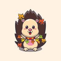 Cute hedgehog with autumn leaf decoration. Mascot cartoon illustration suitable for poster, brochure, web, mascot, sticker, logo and icon. vector