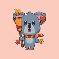 Cute autumn koala holding broom. Mascot cartoon illustration suitable for poster, brochure, web, mascot, sticker, logo and icon. vector