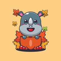 linda rinoceronte en un calabaza a otoño estación. mascota dibujos animados ilustración adecuado para póster, folleto, web, mascota, pegatina, logo y icono. vector