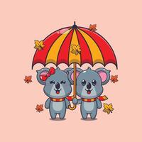 linda Pareja coala con paraguas a otoño estación. mascota dibujos animados ilustración adecuado para póster, folleto, web, mascota, pegatina, logo y icono. vector