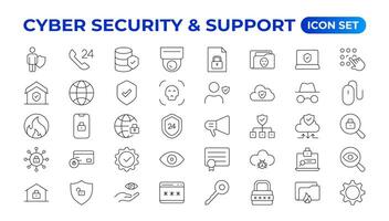 Cyber security and support icon set. Data protection symbol. Secured network collection. Technology concept. illustration. Customer Service and Support - Outline Icon Collection. vector