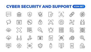 Cyber security and support icon set. Data protection symbol. Secured network collection. Technology concept. illustration. Customer Service and Support - Outline Icon Collection. vector