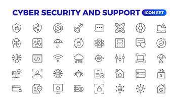 Cyber security and support icon set. Data protection symbol. Secured network collection. Technology concept. illustration. Customer Service and Support - Outline Icon Collection. vector