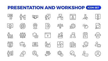 Workshop icon set. Containing team building, collaboration, teamwork, coaching, problem-solving and education icons.Business presentation line icons Presentation, business, seminar, partnership, goals vector